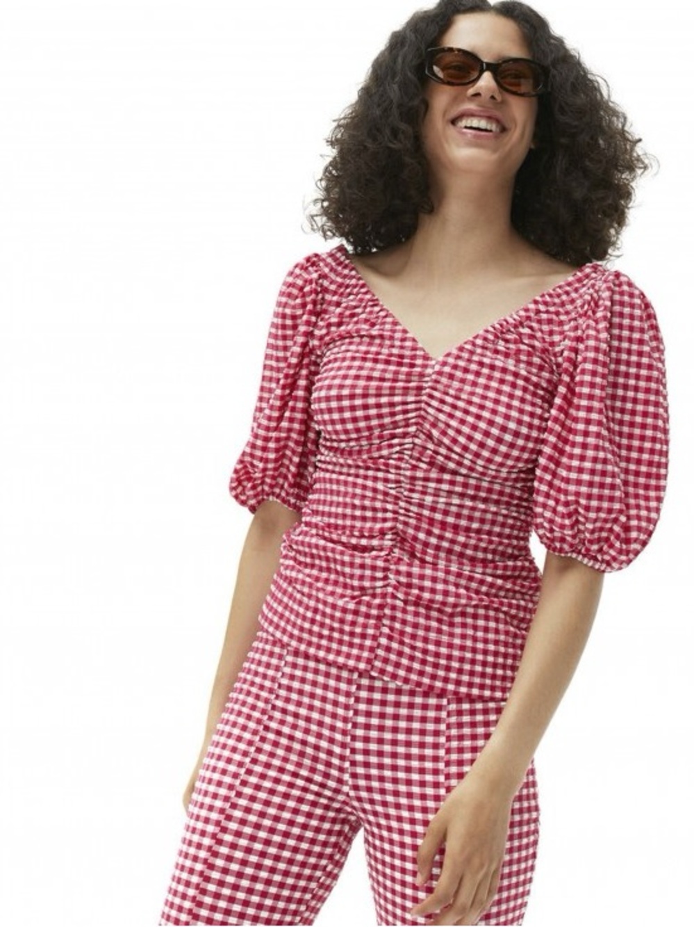 GANNI Stretch Seersucker Gathered V-Neck Blouse Love Potion Pink Gingham 36